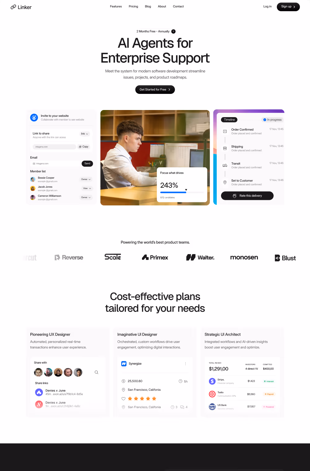 Linker website homepage showing AI Agents for Enterprise Support with user interface examples and cost-effective plans overview.